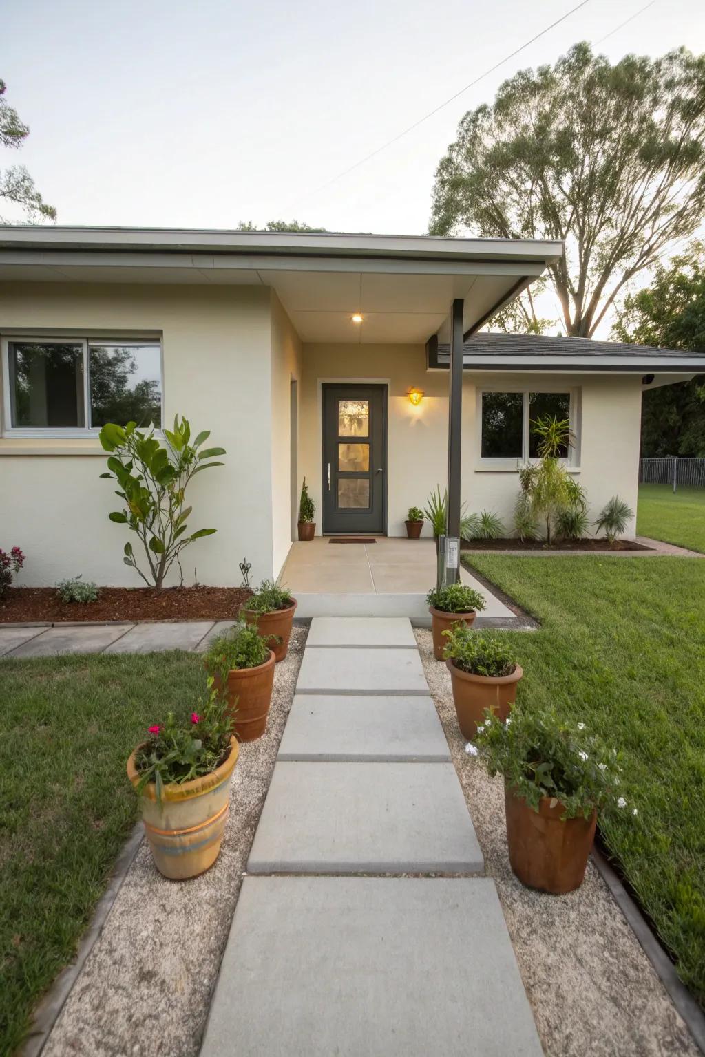A welcoming entryway with a new walkway and plants enhances curb appeal.