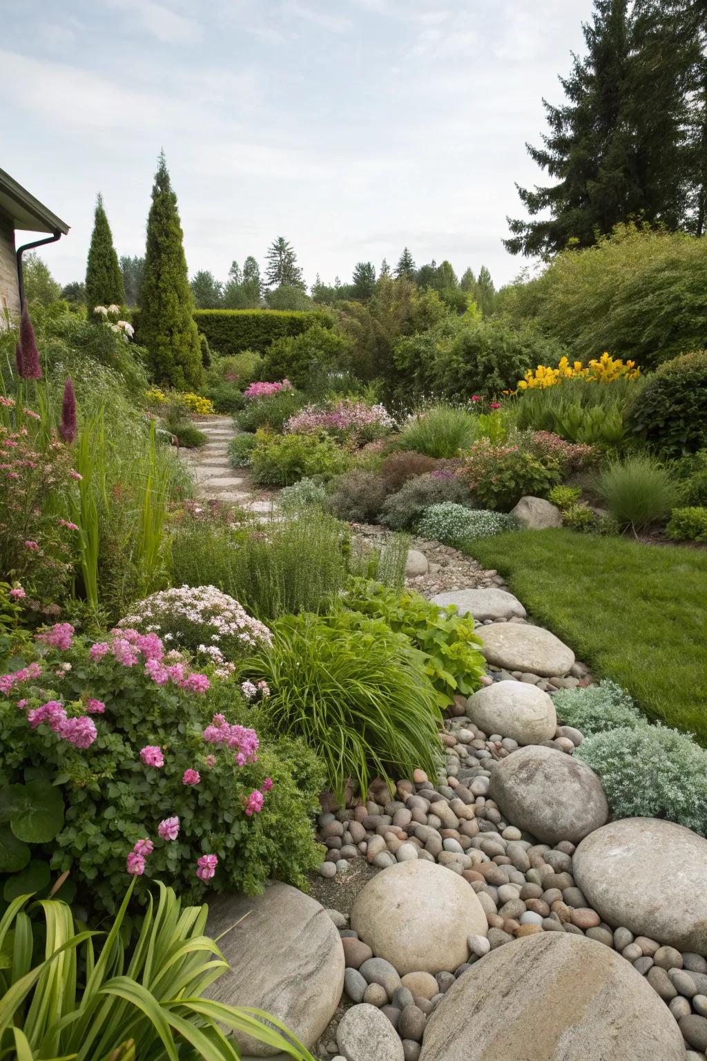 Natural stone accents in a rustic garden setting.