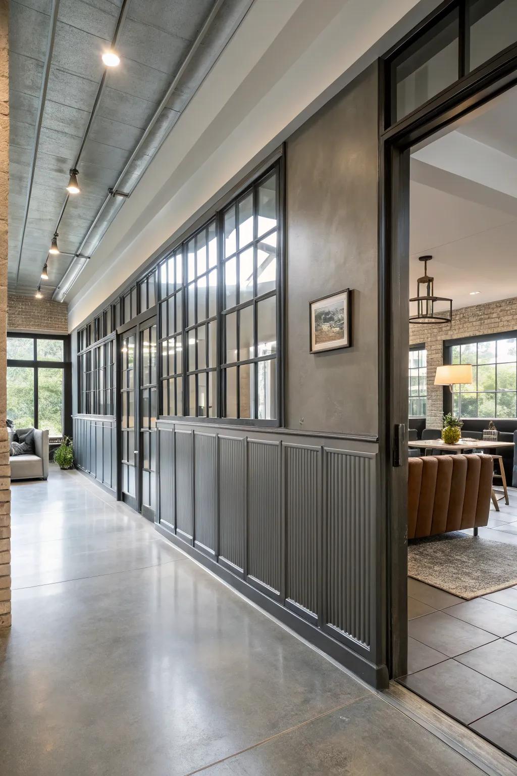 Industrial charm with metal wainscoting.