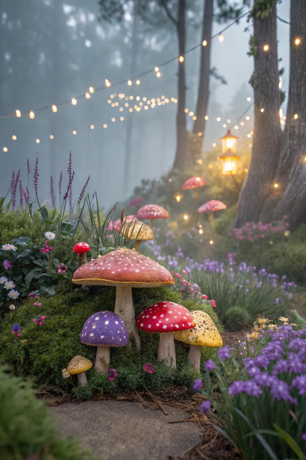 A vibrant cluster of whimsical mushrooms adding color to a fairy garden.