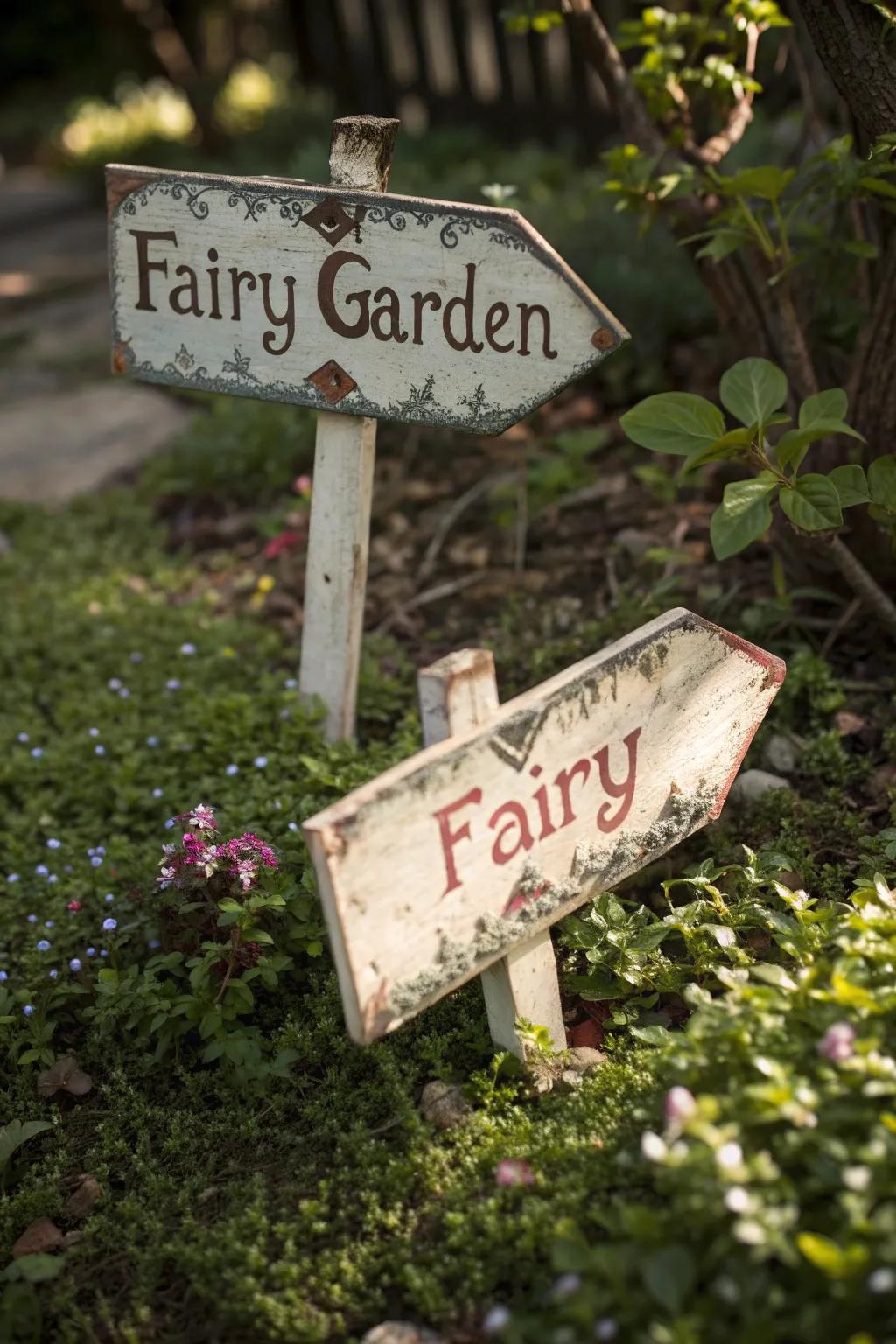 Antique-style fairy garden signs with a beautifully weathered appearance.