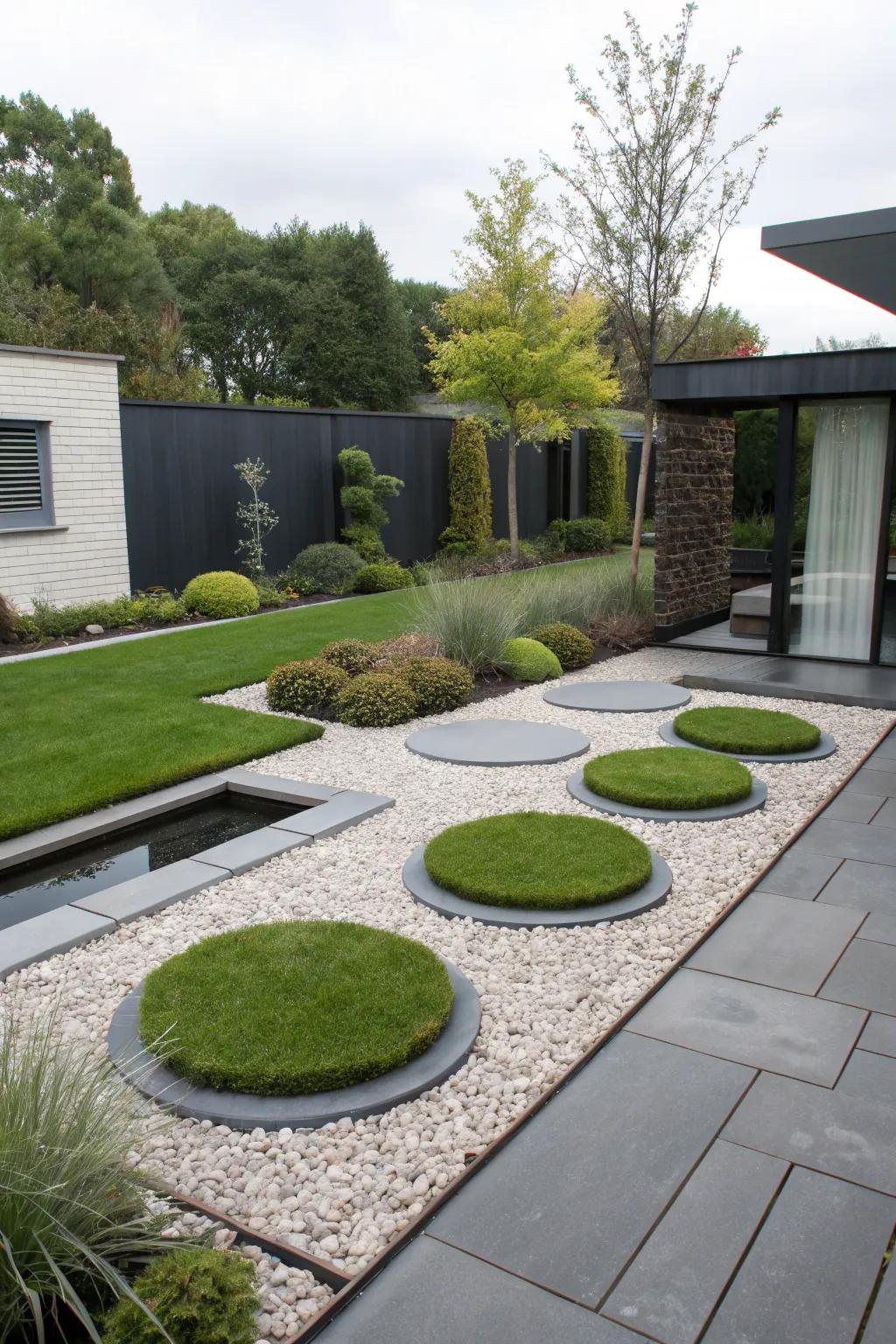 Floating green islands in a modern small garden.
