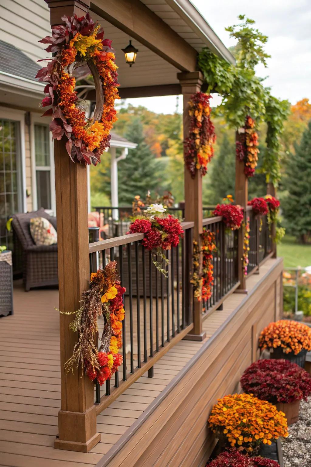 Fall wreaths and garlands add a festive touch to the deck decor.