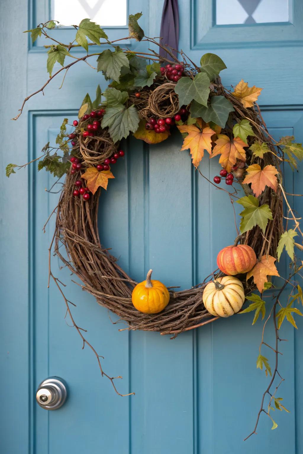Rustic beauty with a grapevine gourd wreath.