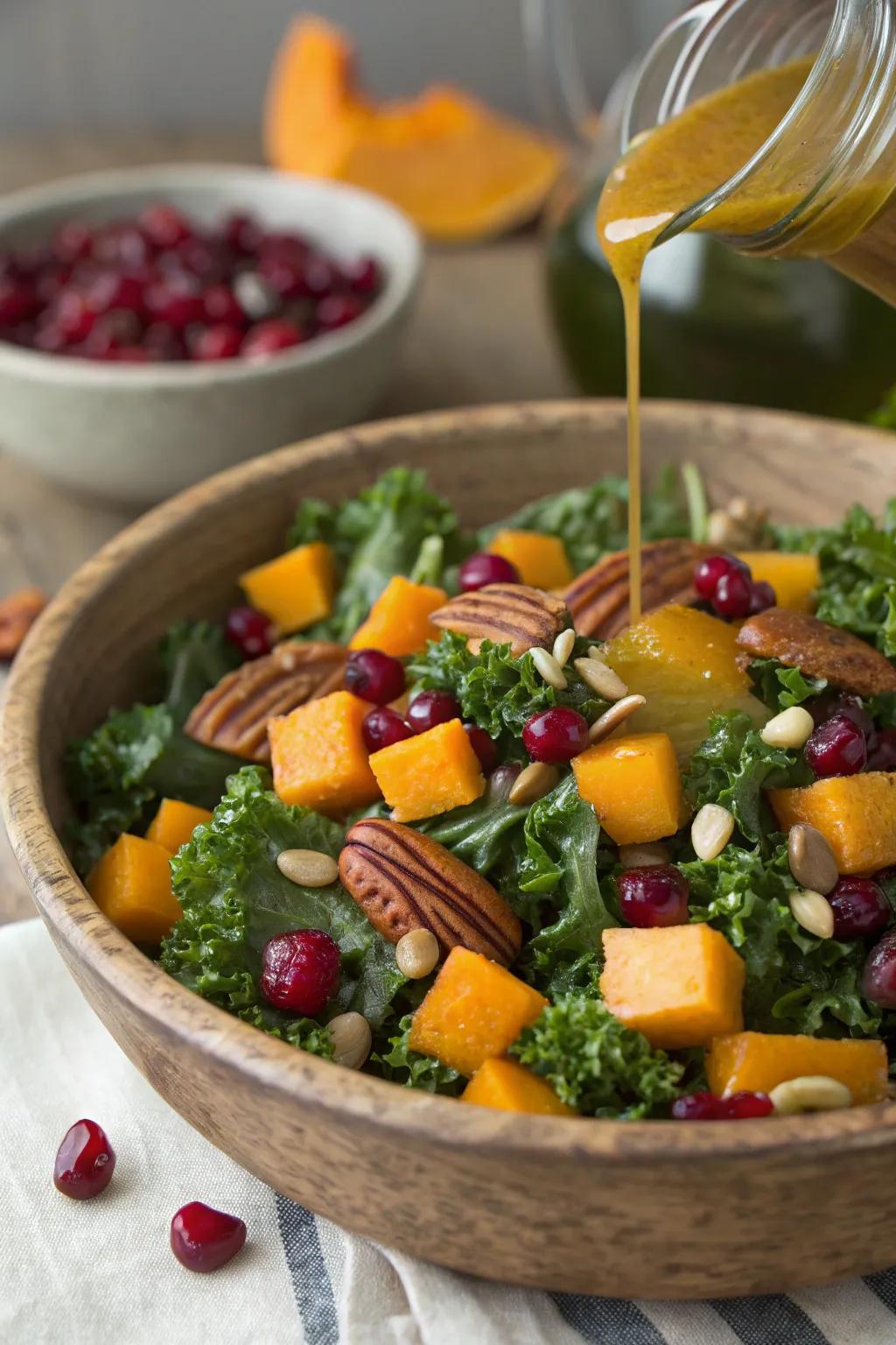 A hearty kale and butternut squash salad, full of autumn flavors.
