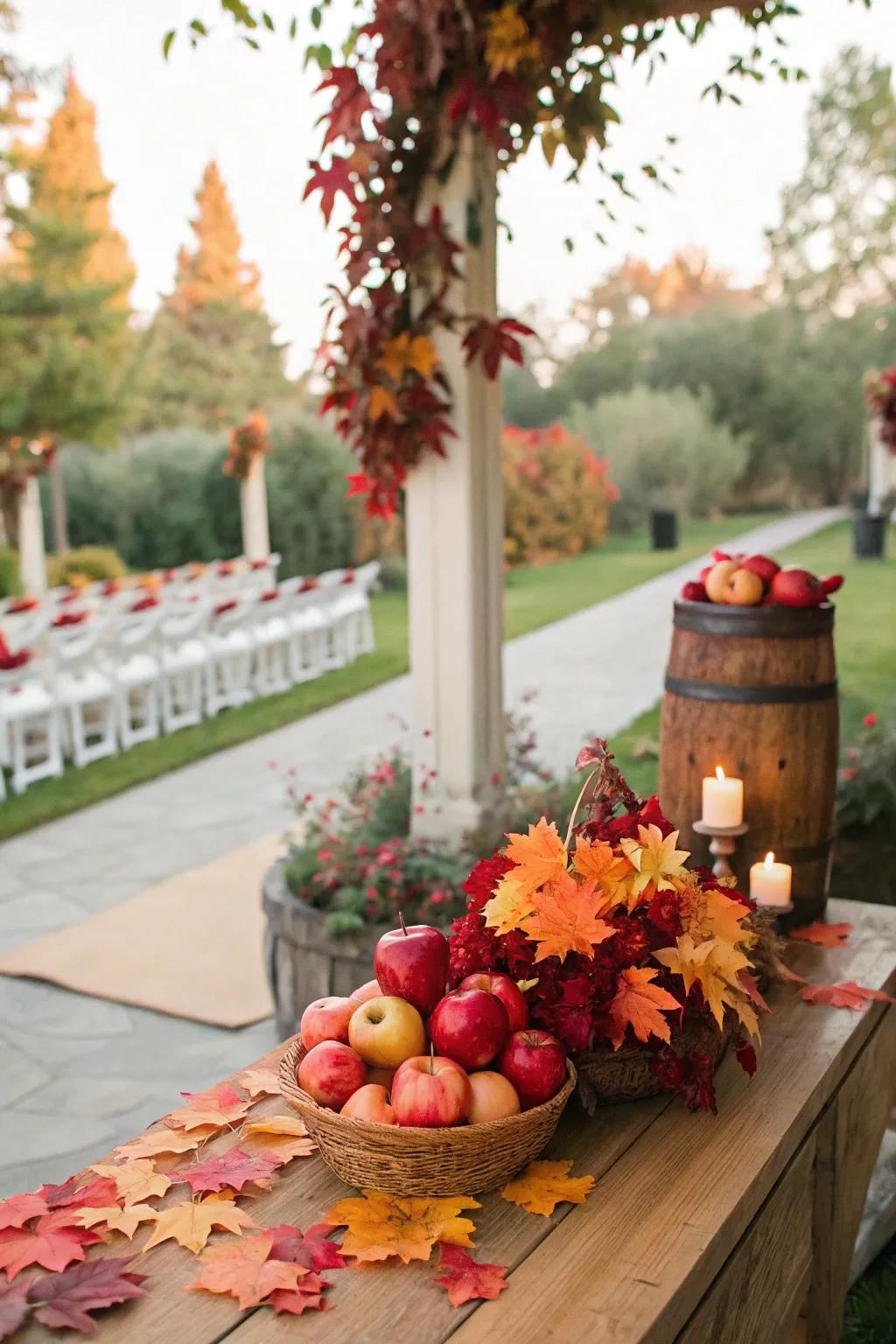 Apple accents in wedding decor for a fall theme.