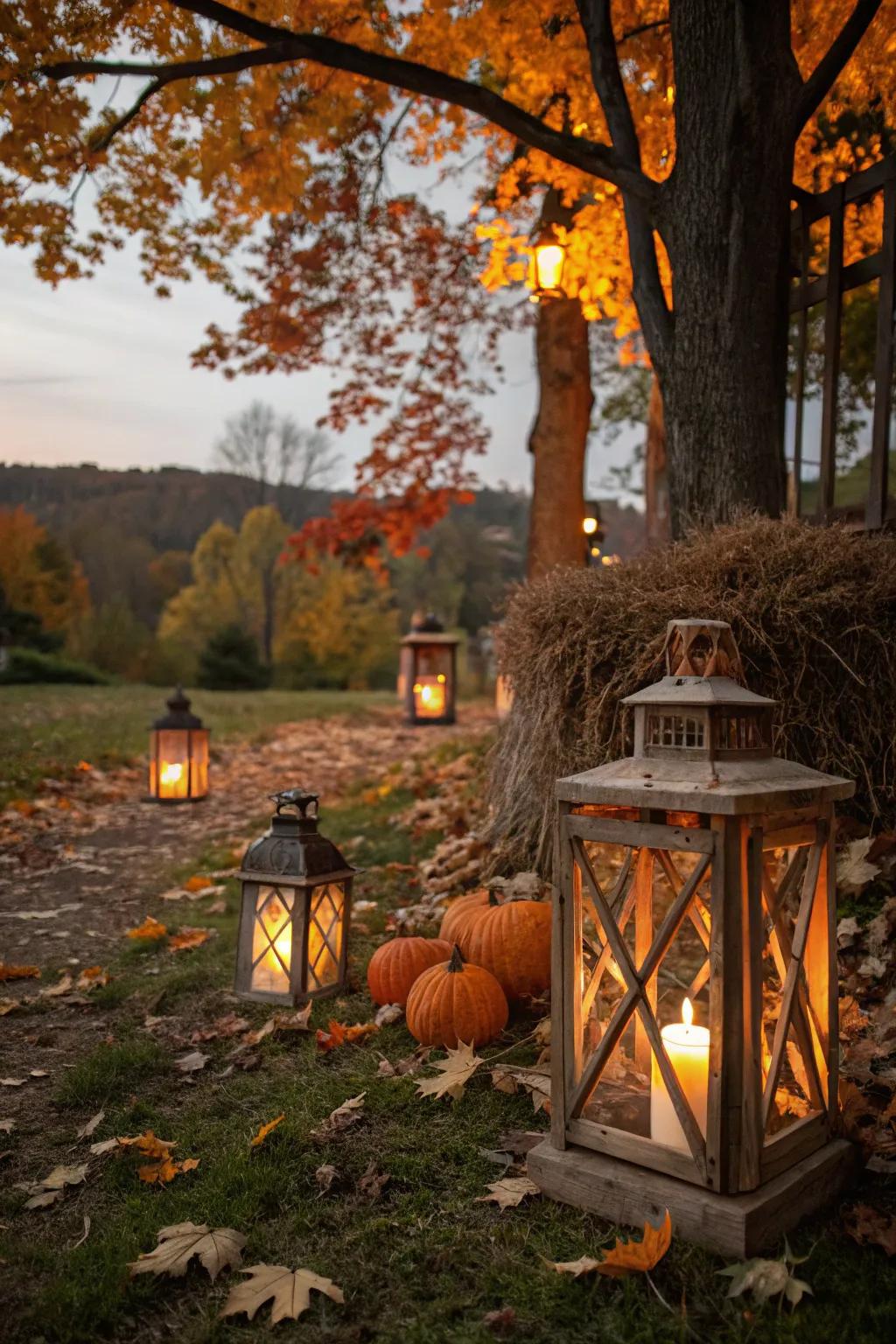Lanterns provide a warm glow to your fall setup.
