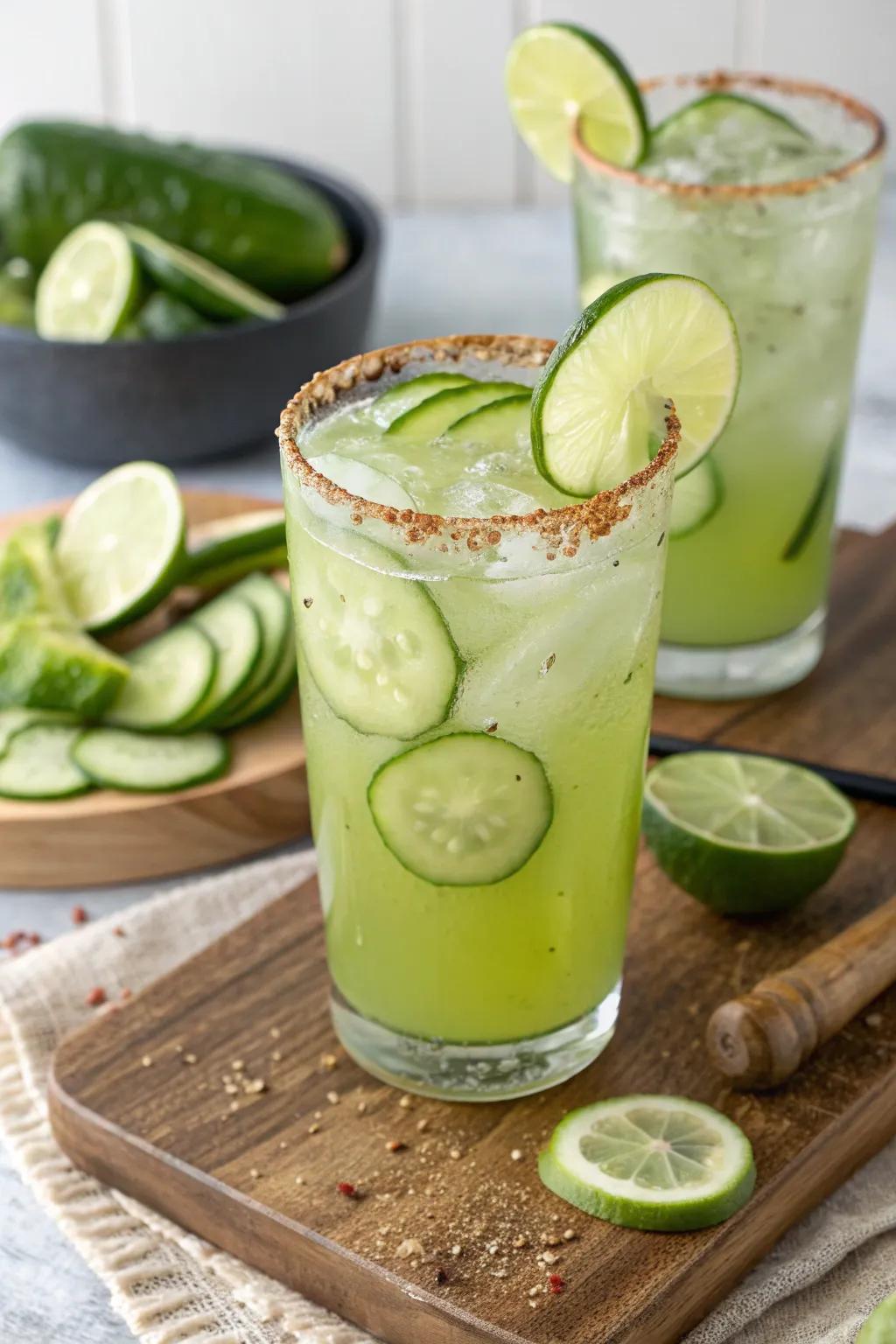 Spicy cucumber limeade, a refreshing drink with a zesty kick.