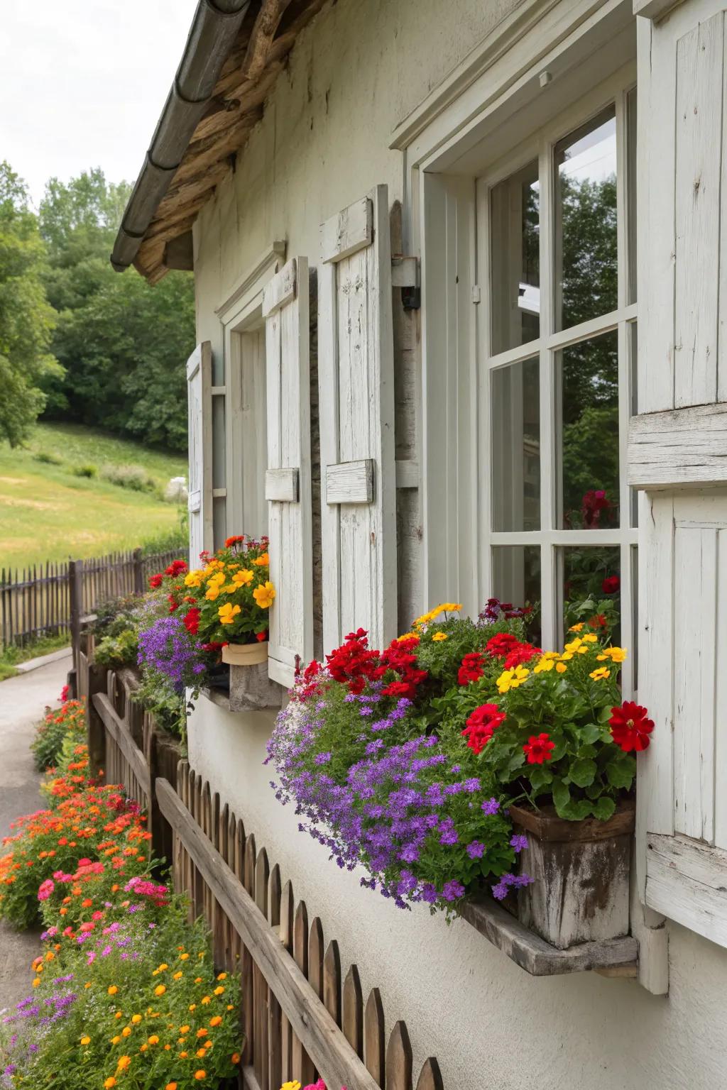 Window boxes bring vibrant garden colors to the farmhouse facade.