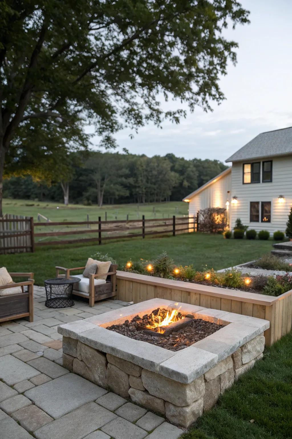 Modern meets farmhouse in a stylish fire pit setup.