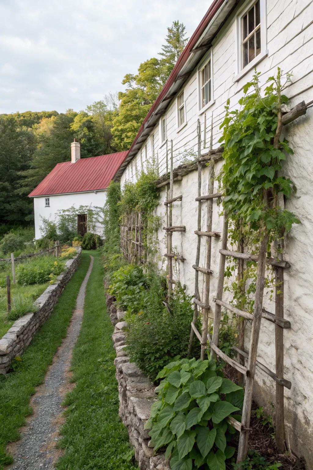 Climbing plants add height and drama to this farmhouse garden, enhancing its visual appeal.