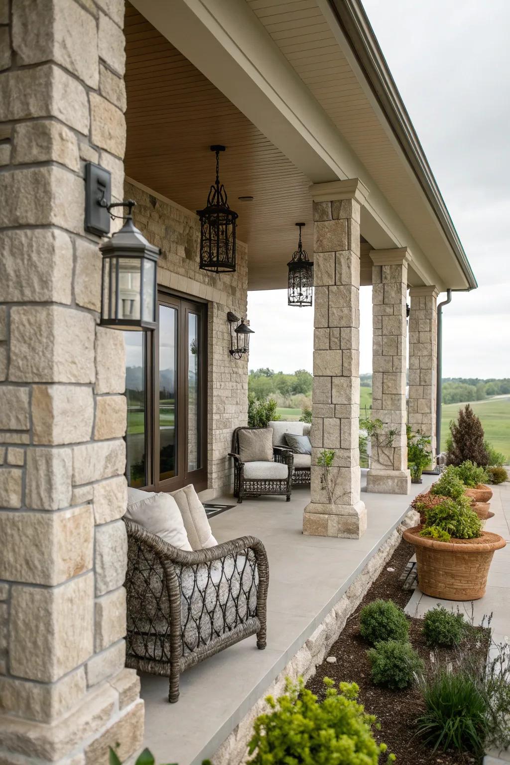 Full stone veneer columns offer a seamless and high-end look.