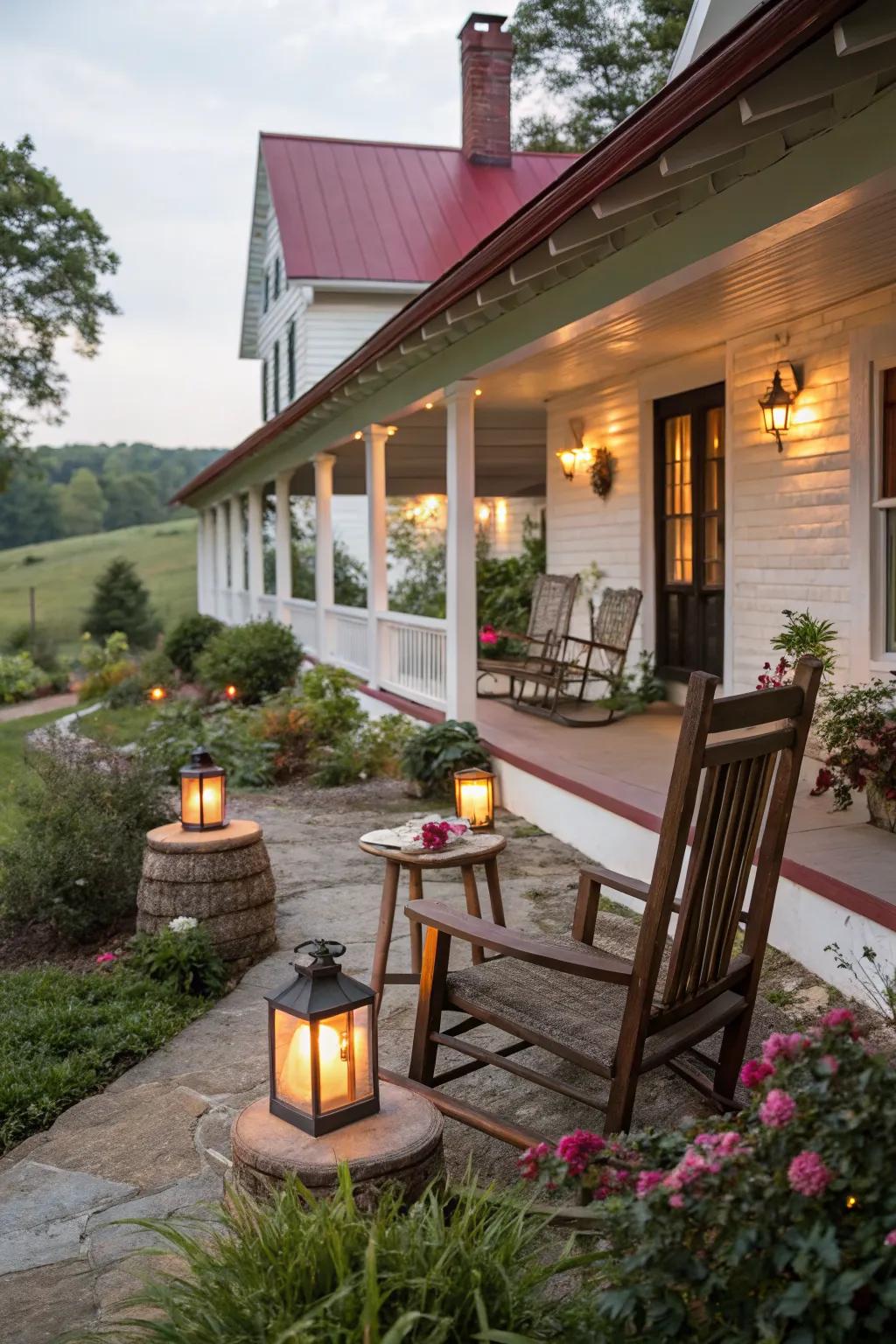 Create a cozy seating area with ambient lighting on your porch.