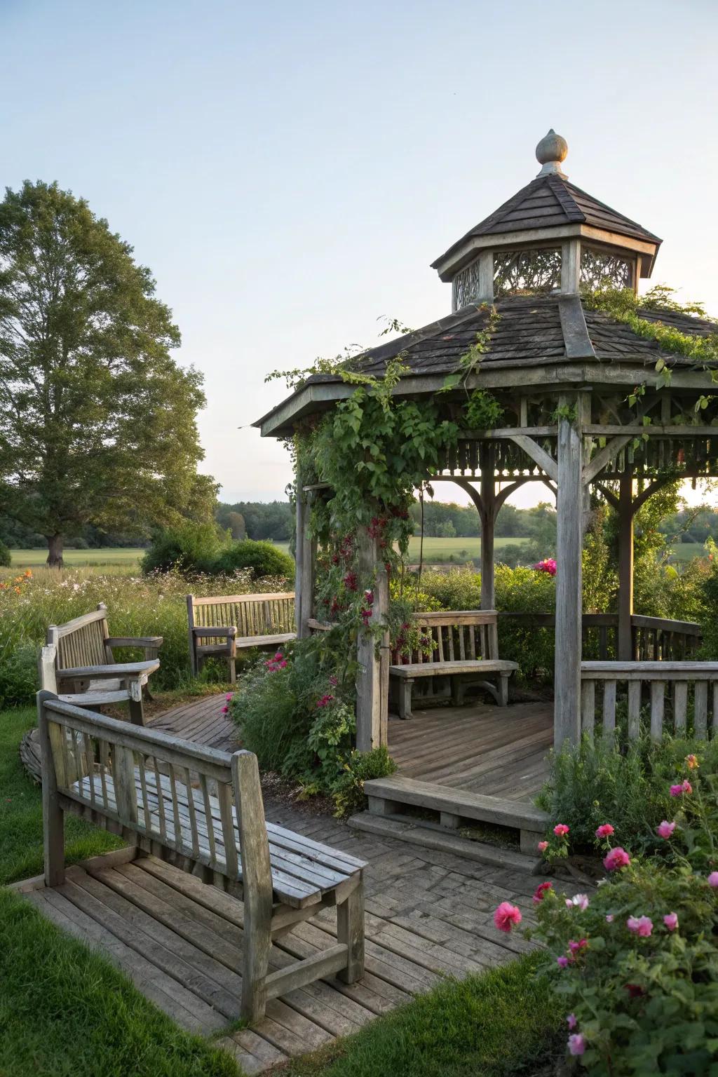 Built-in benches provide ample seating in this smartly designed gazebo.