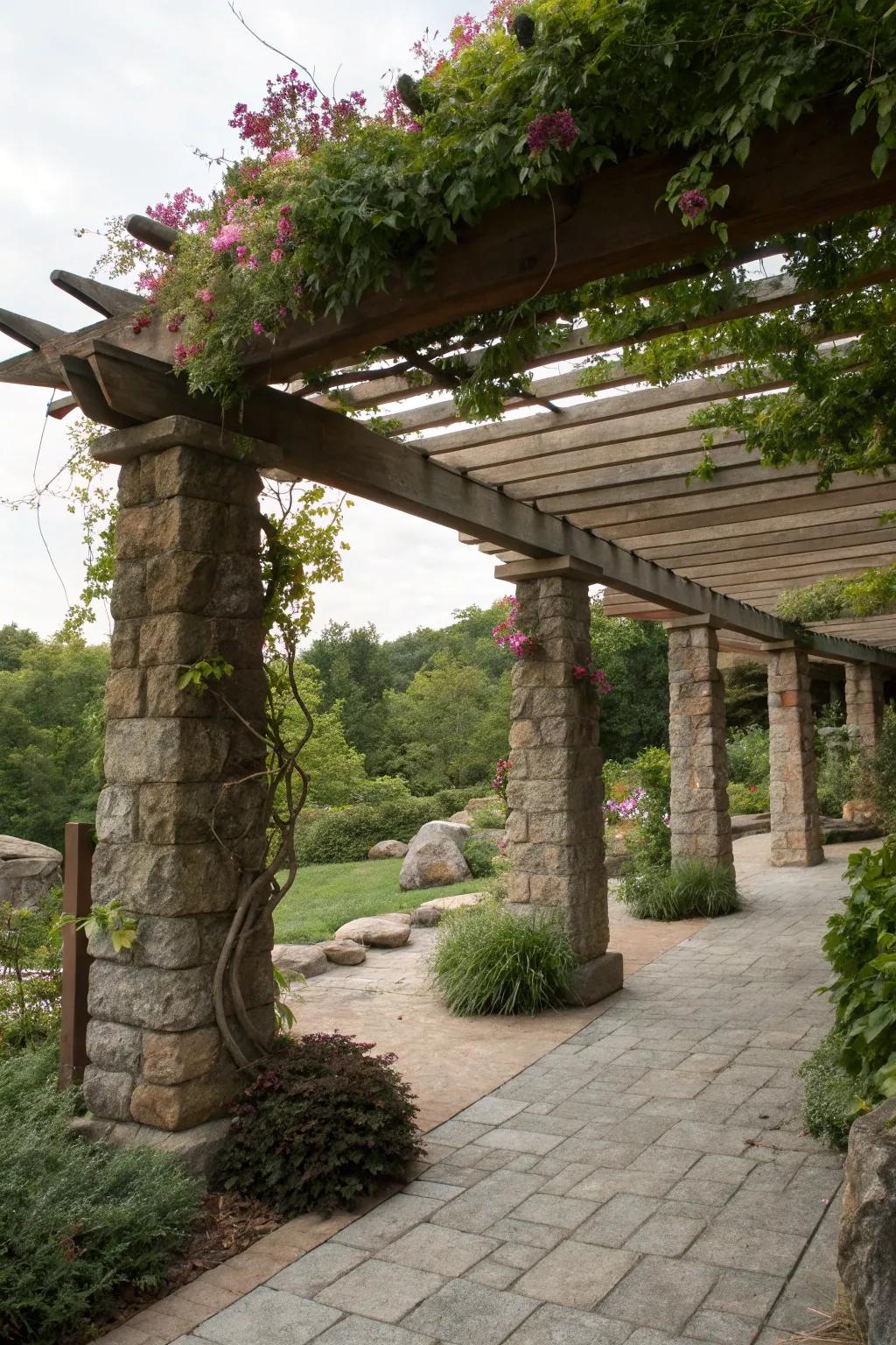 Mixed materials add depth and interest to your pergola design.