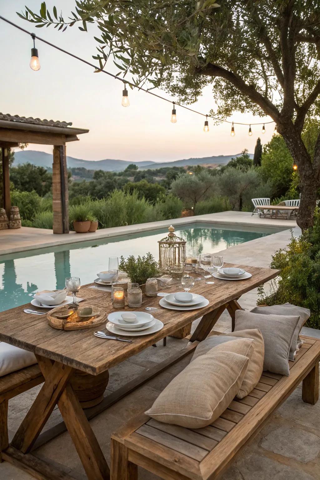 Dining by the pool offers a charming farmhouse experience.