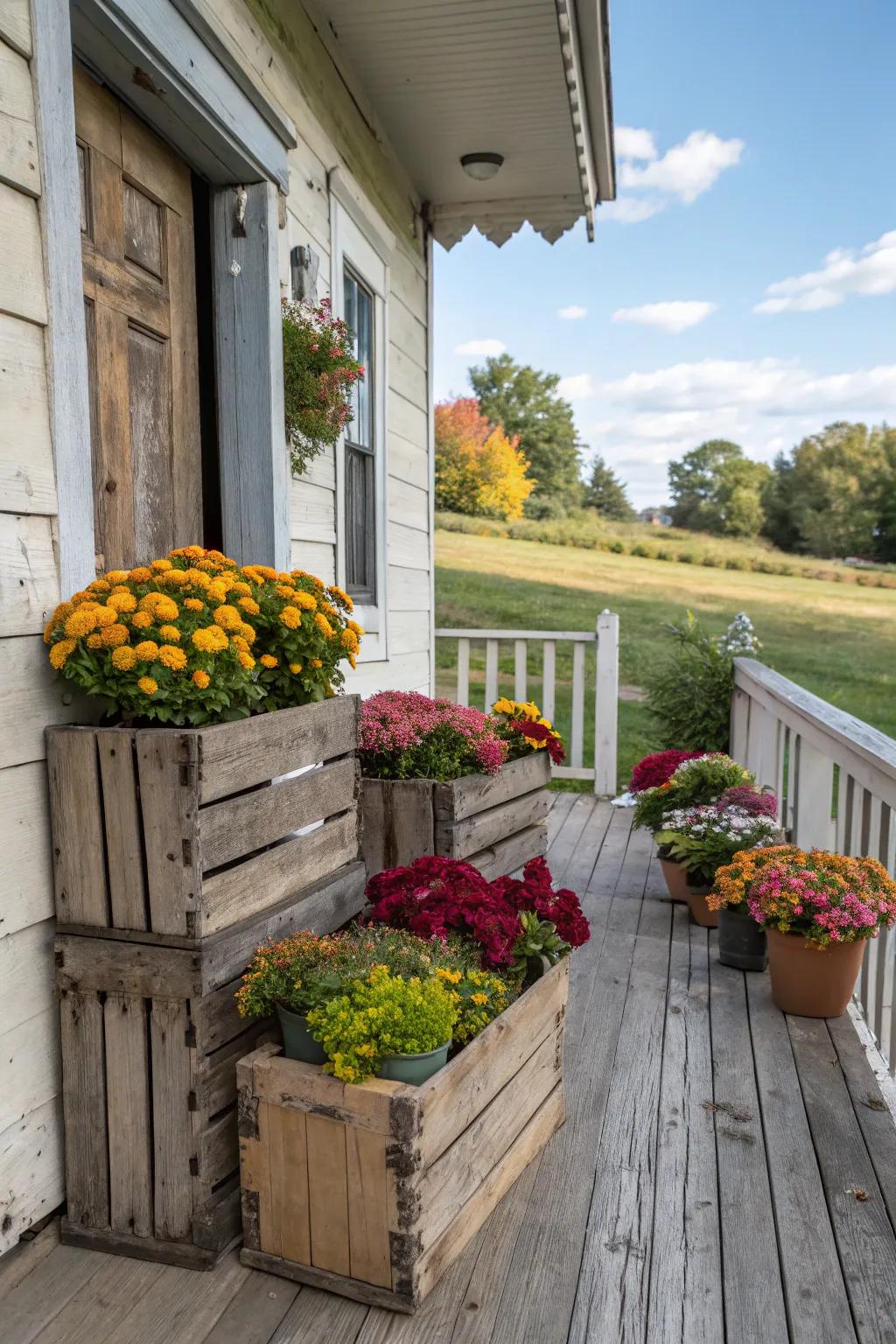 Vintage crates make charming planters for spring blooms.