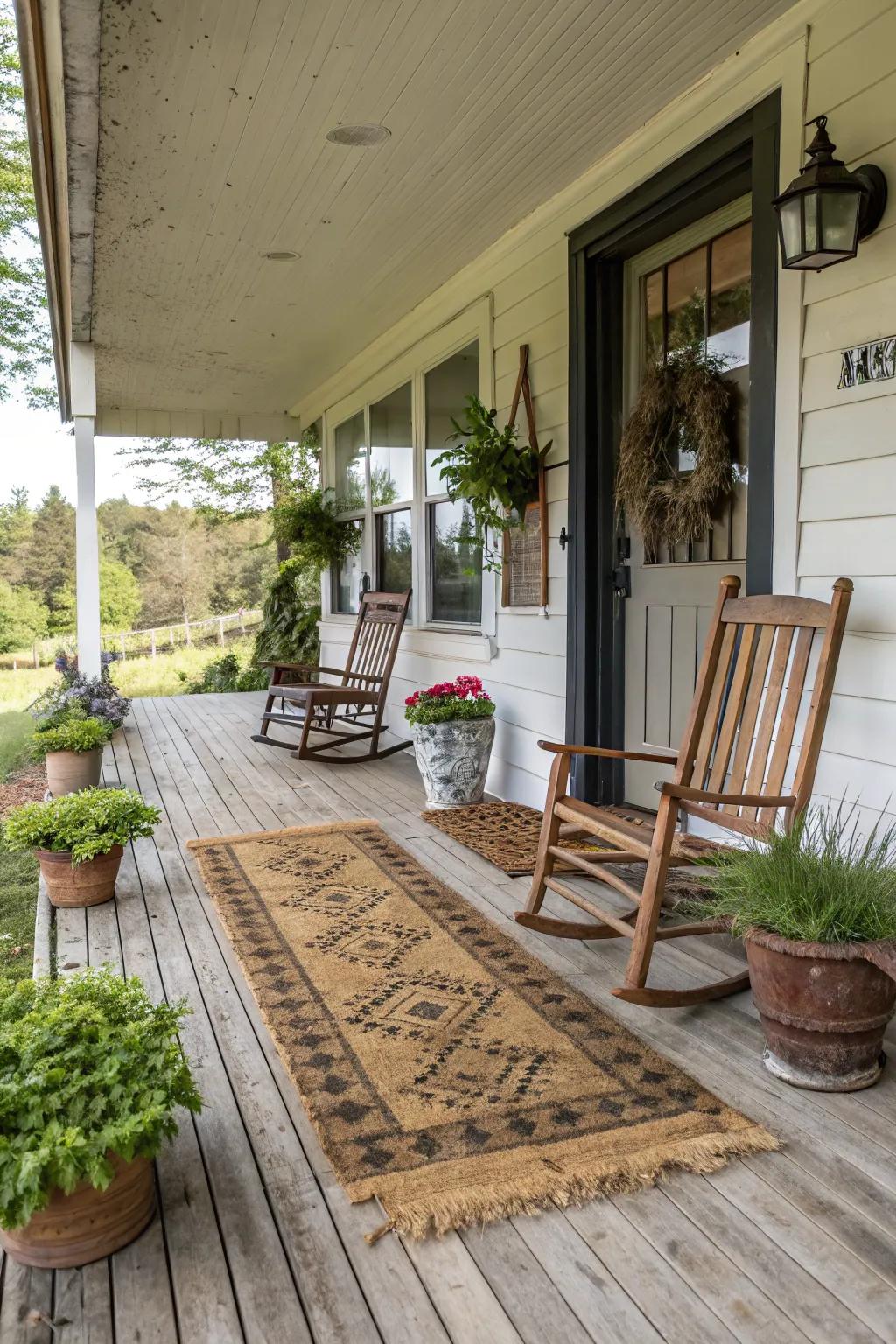 A farmhouse rug adds color and texture to your entry.