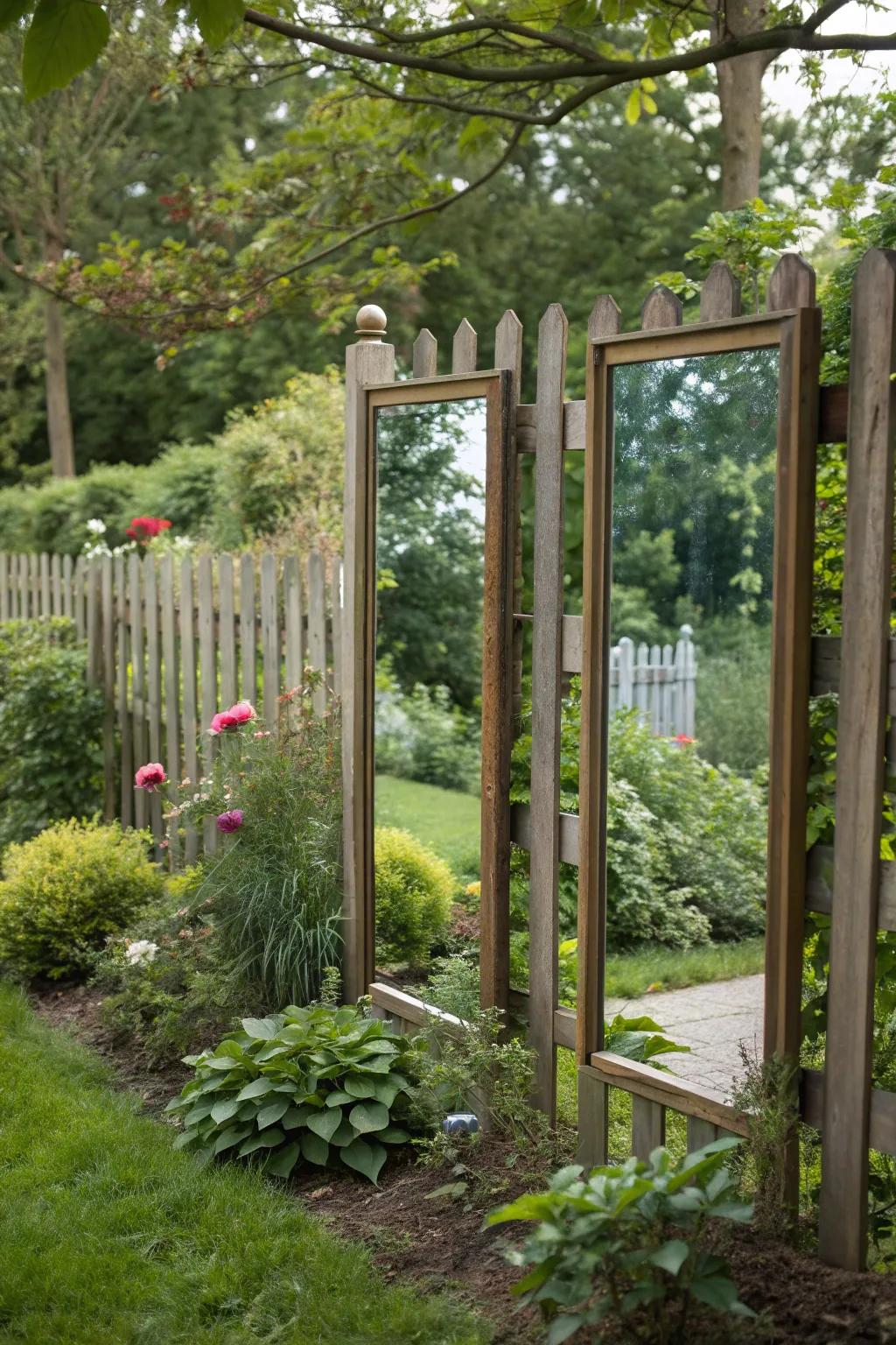 Mirrors on a fence create an illusion of expanded space and light.