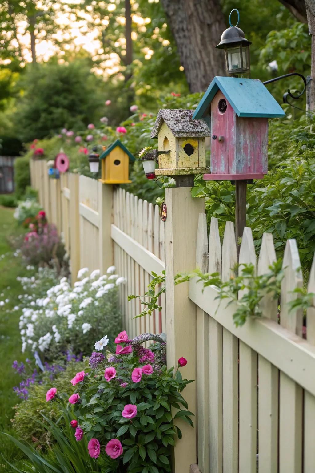 Birdhouses adding life and color to a garden fence.