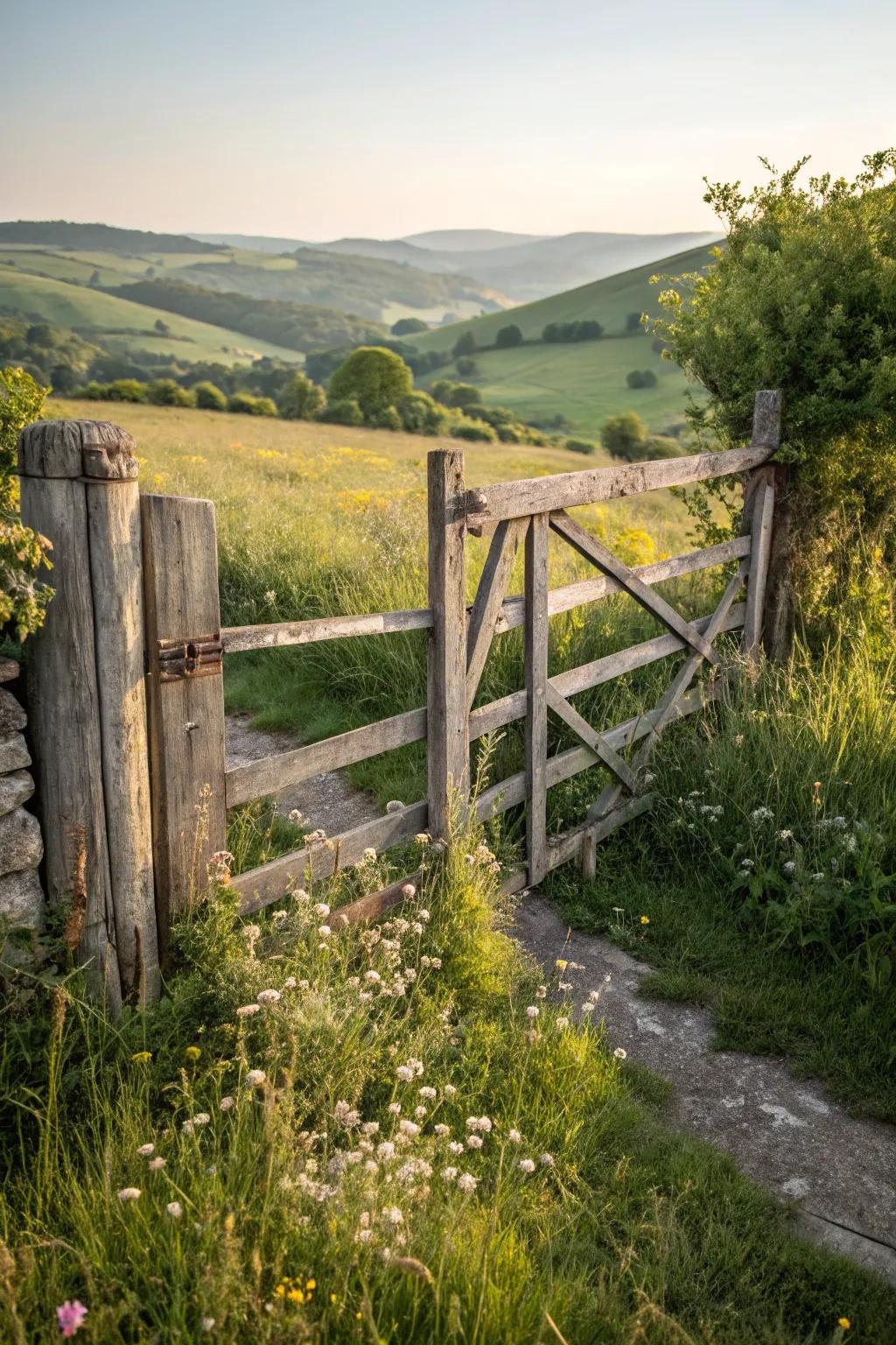 A rustic farmhouse gate adds a touch of countryside charm.
