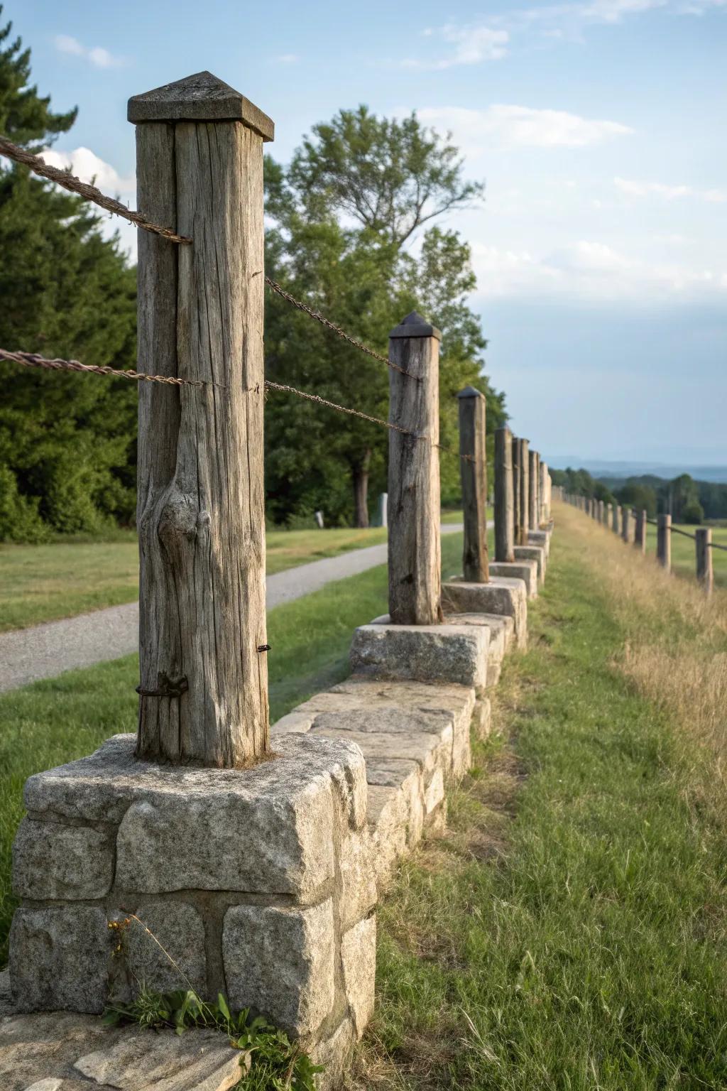 Wooden fence posts supported by elegant stone bases.
