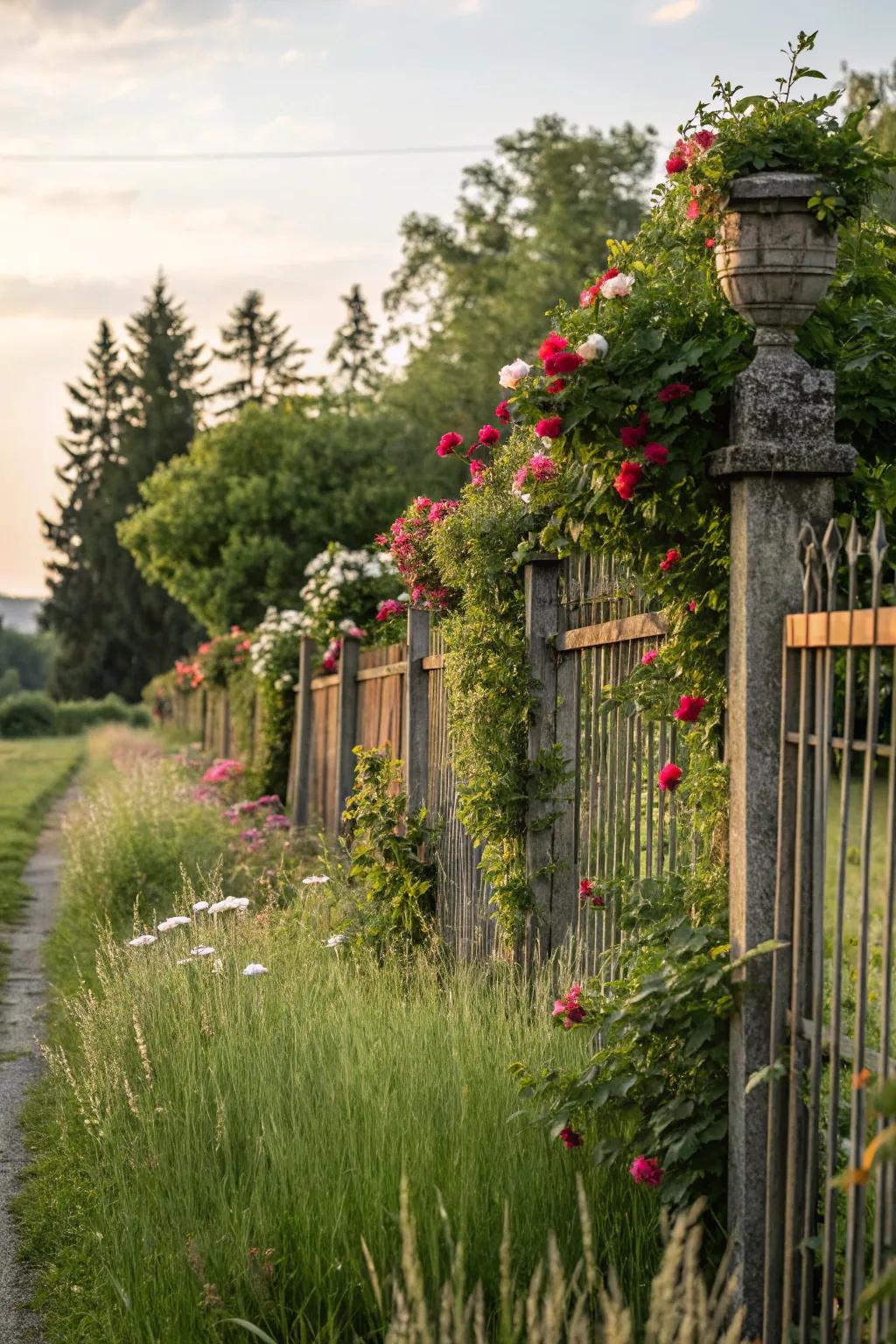 Nature-inspired toppers bringing whimsy to a lush garden fence.