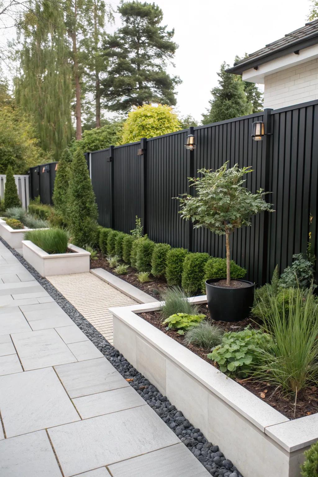A sleek black stained fence brings modern elegance to a minimalistic garden.