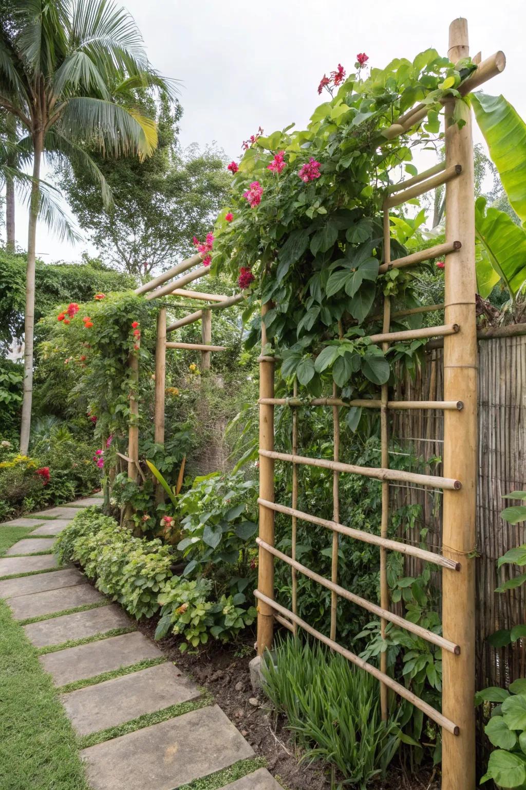 A bamboo trellis creates a natural, exotic privacy screen.