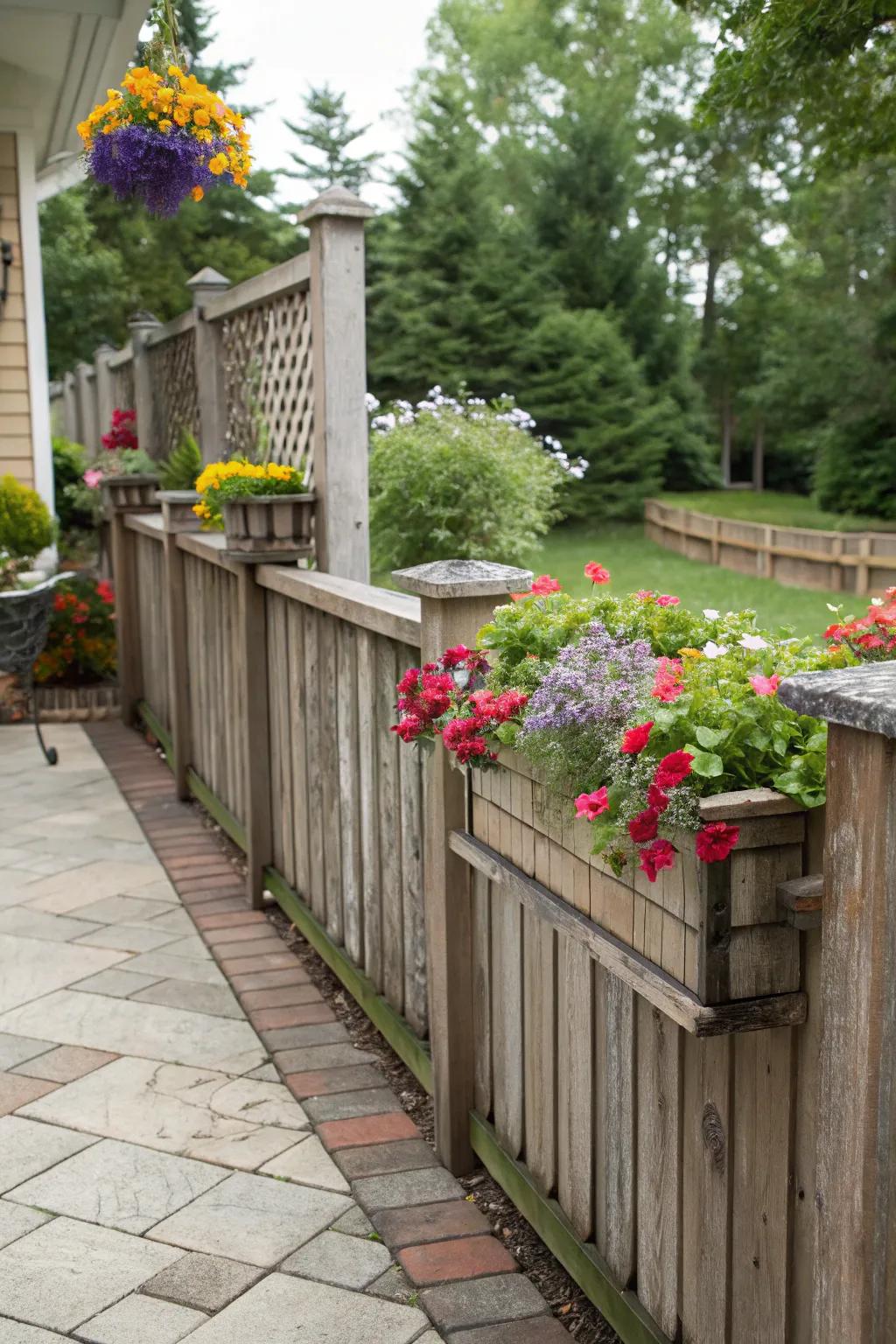 Colorful and lively patio with a fence featuring built-in planters.