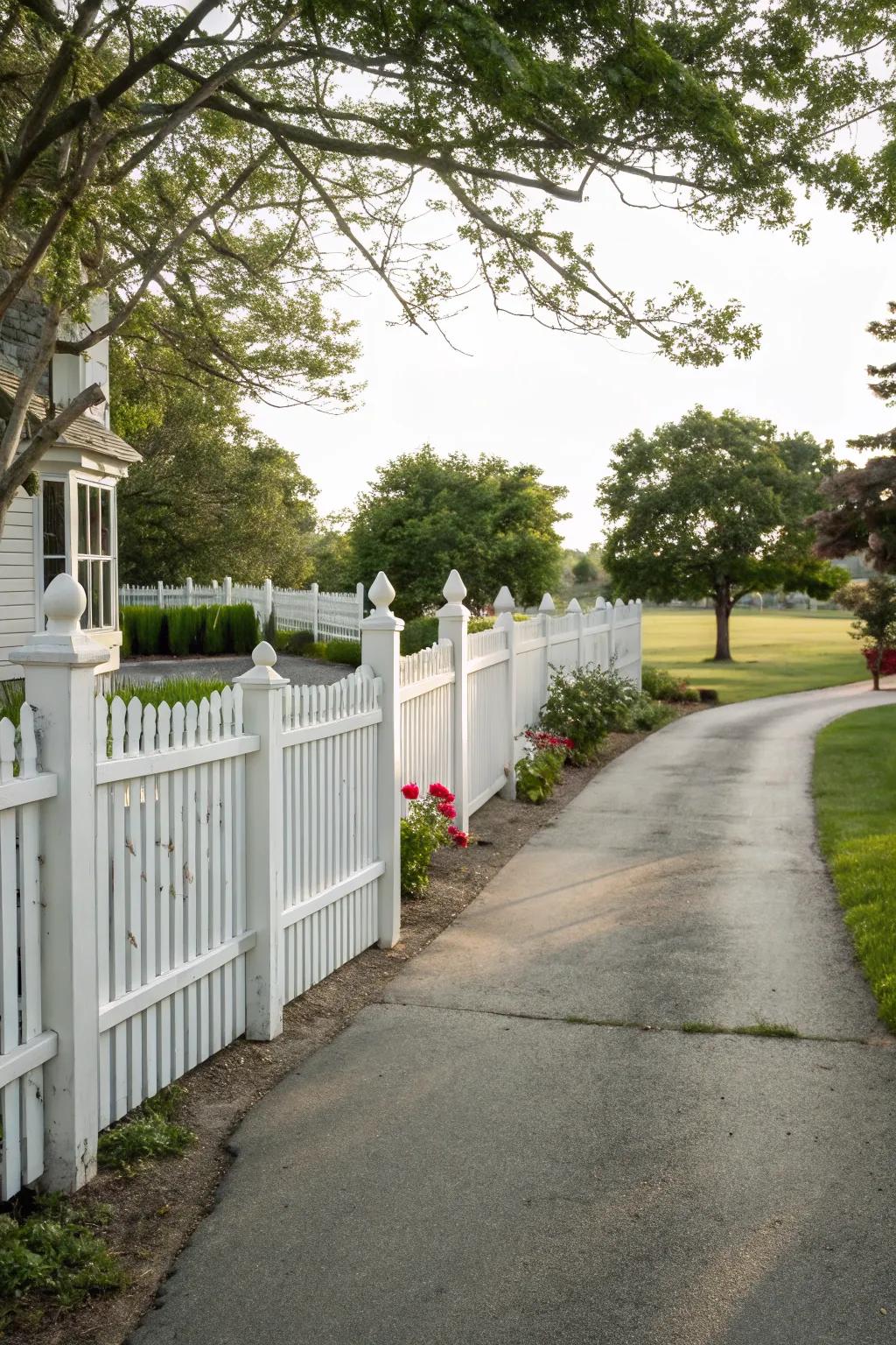 Picket fences bring timeless charm to any driveway.