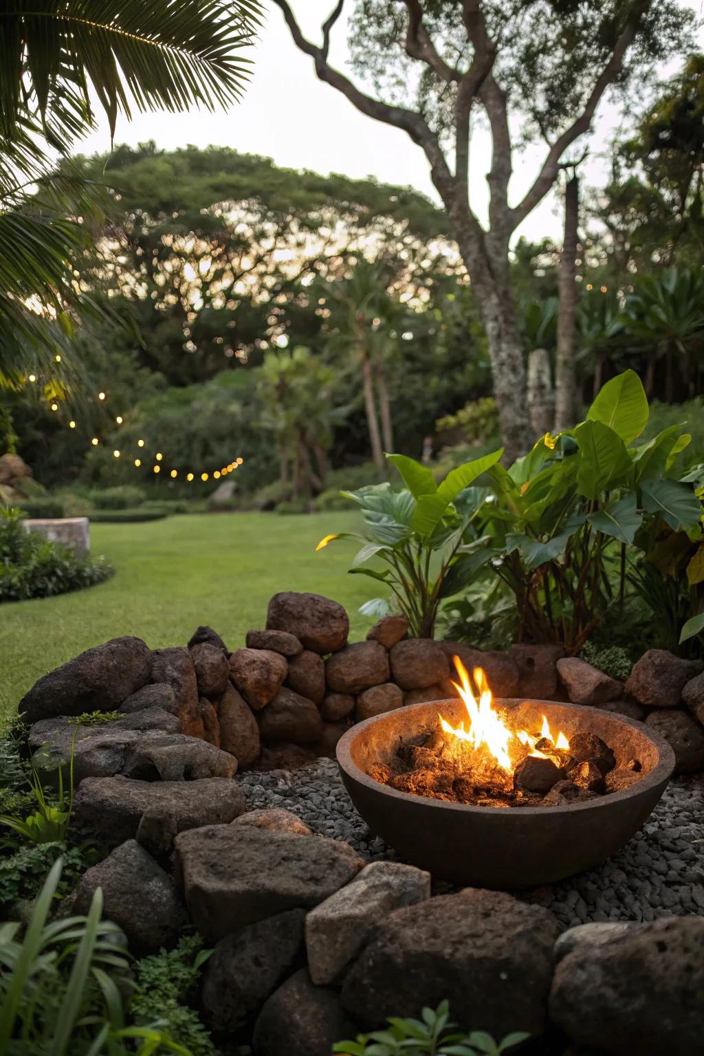 Lava rocks offer an eco-friendly and textured base for your fire pit.