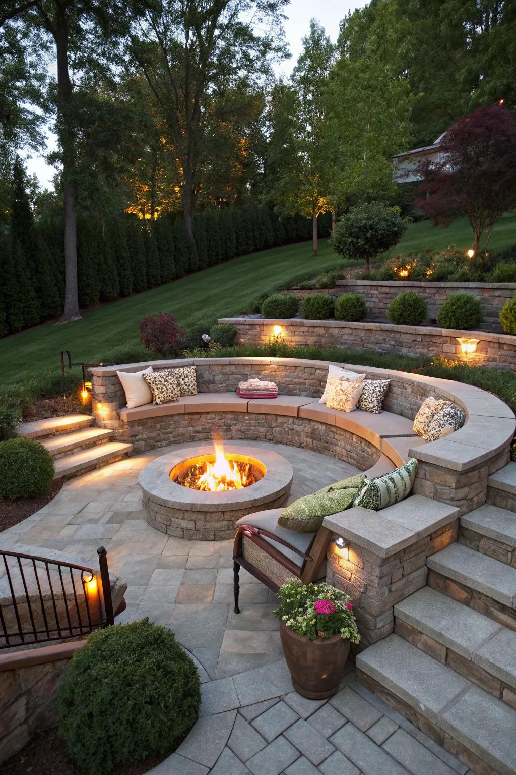 Tiered multi-level seating around a fire pit adds style and practicality.