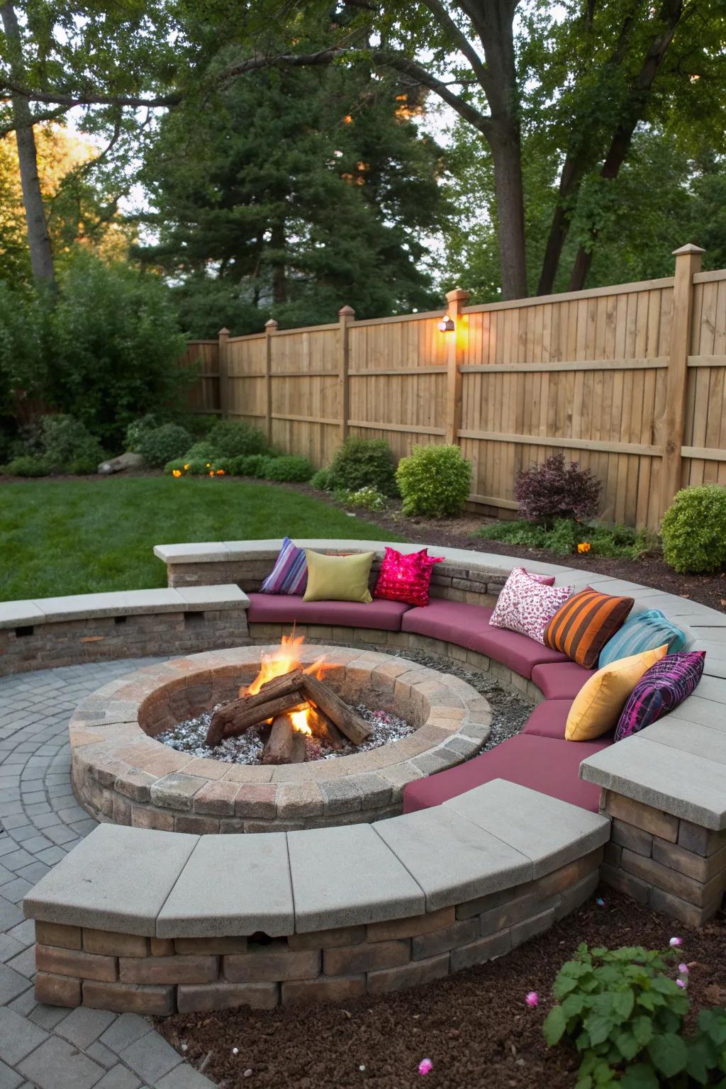 A stylish fire pit with built-in seating and vibrant cushions.