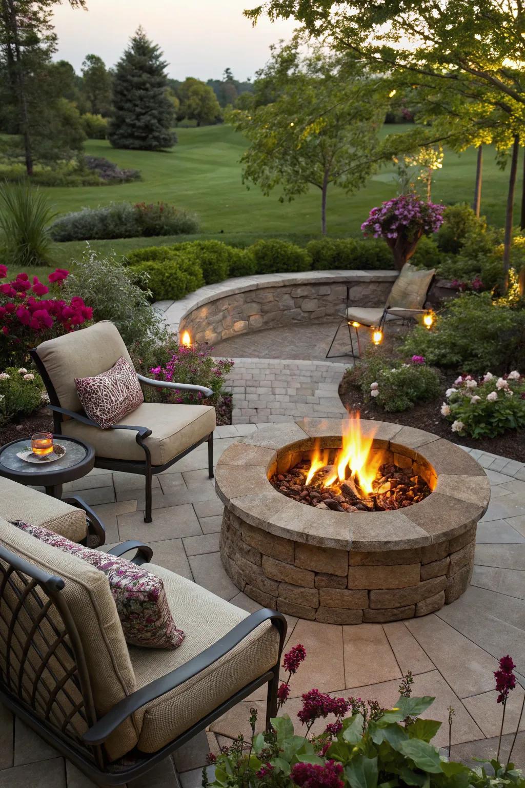 Fire pit positioned to capture a beautiful garden view.