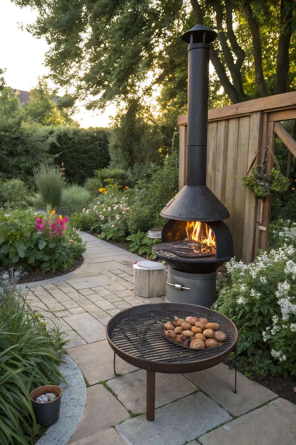 A fire pit with cooking features is ideal for outdoor chefs.