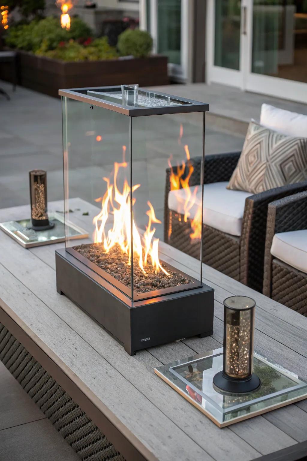 A glass-enclosed fire table that combines safety with stunning visual appeal.