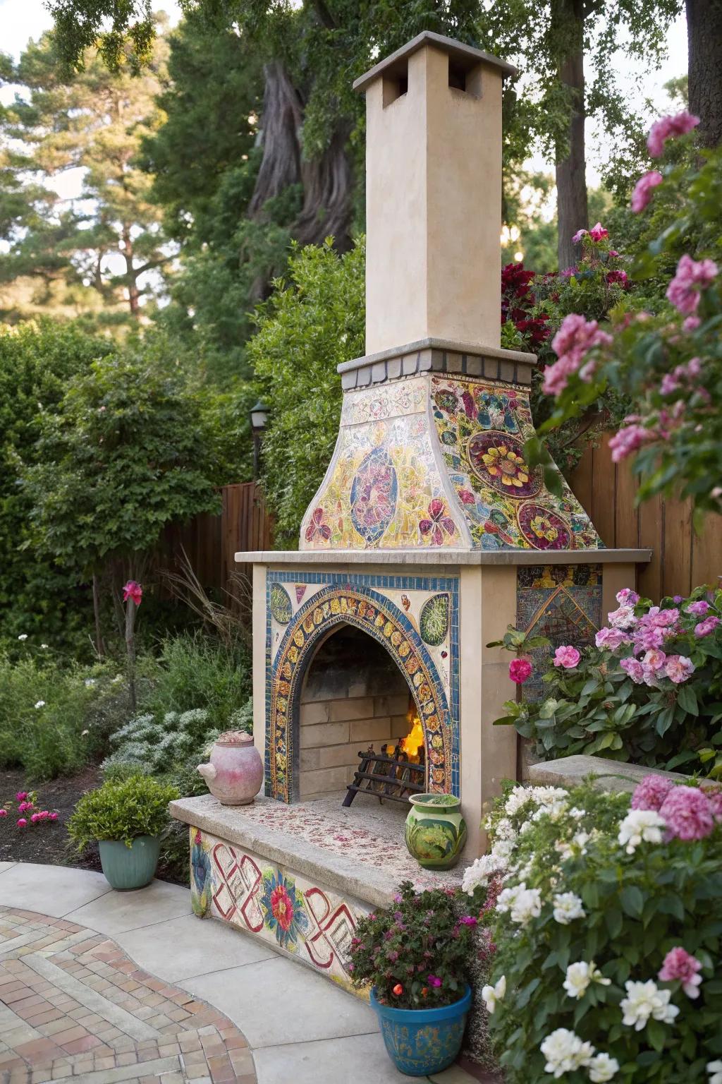 A vibrant mosaic-tiled fireplace adding color and charm to the garden.