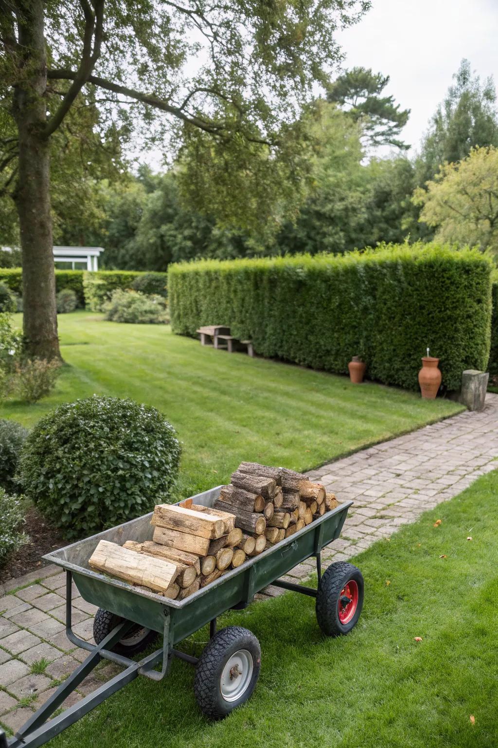 Rolling cart provides convenient mobility for firewood.