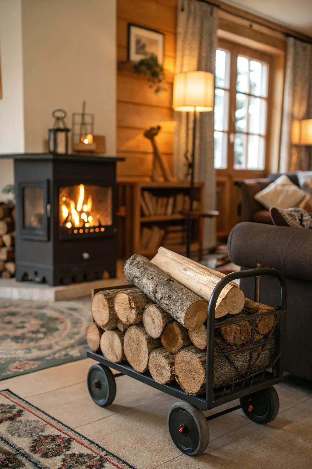 Versatile rolling firewood cart, perfect for easy wood transport.