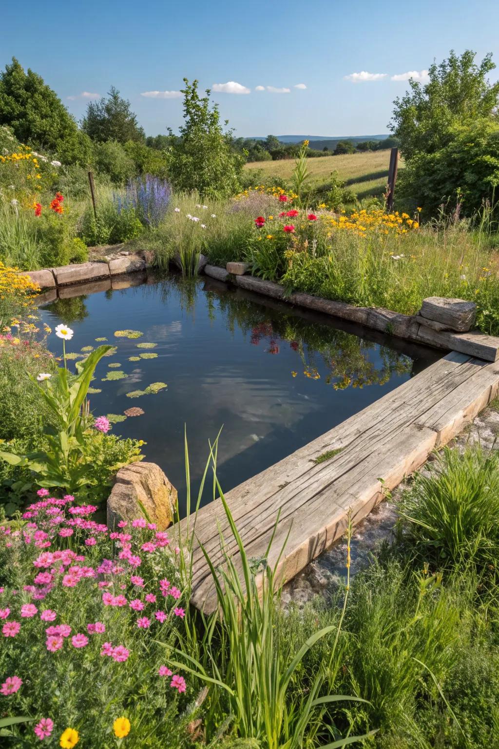 A rustic pond with wooden edges exudes charm