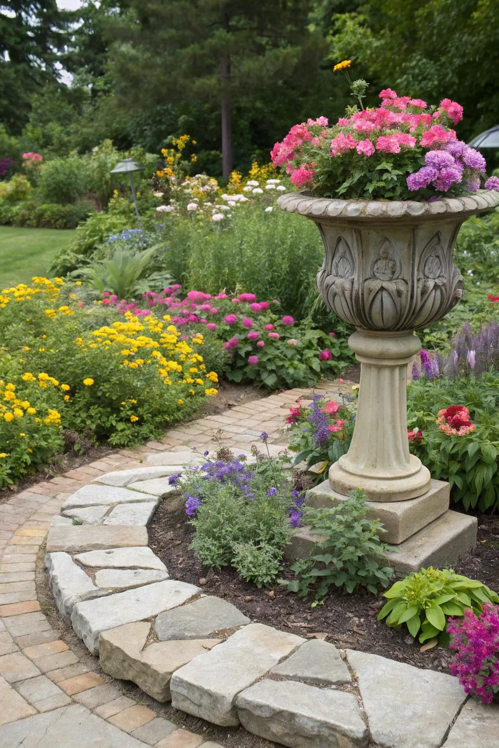 Flagstones frame and accentuate a striking garden feature.
