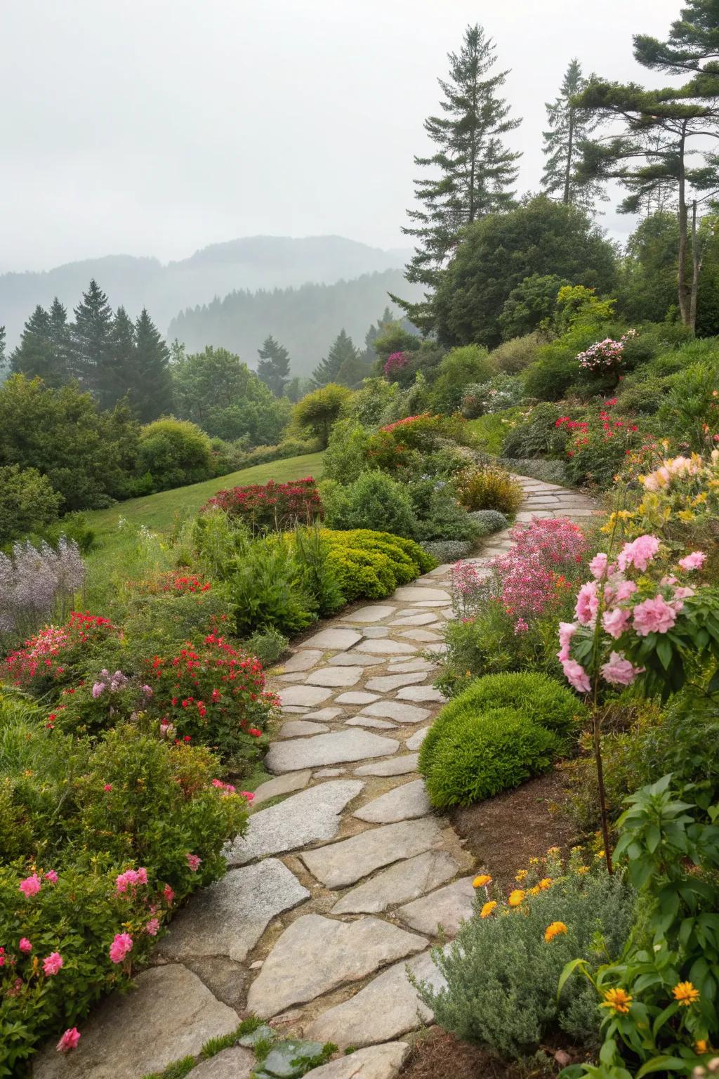 Integrate lush landscaping with flagstone pavers.