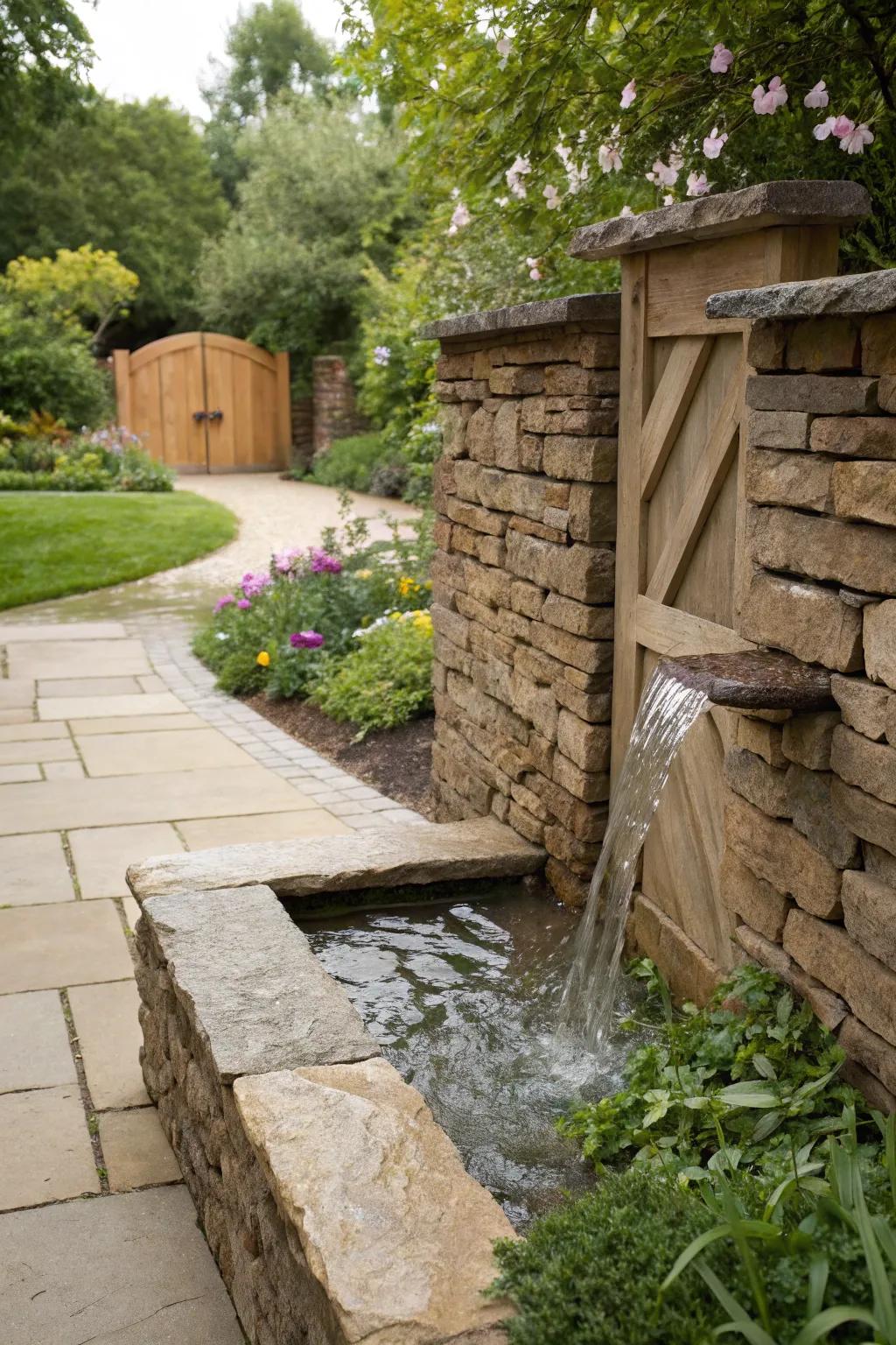 A tranquil flagstone wall with a cascading water feature