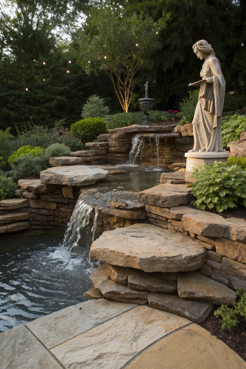 A flagstone waterfall complemented by a garden statue.