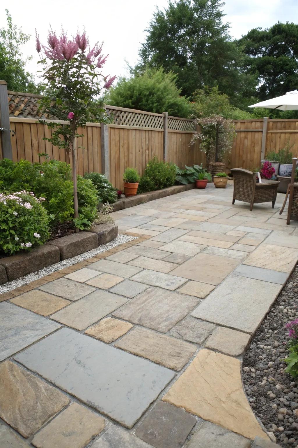 A stylish patio featuring durable paver and stone flooring.