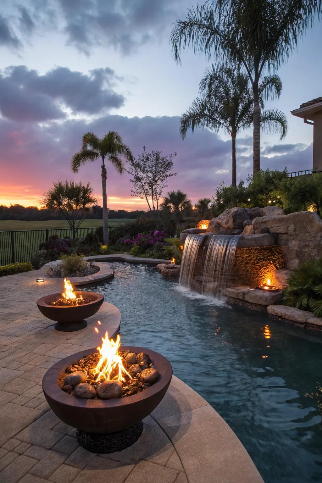 The perfect blend of fire and water for a magical pool setting.
