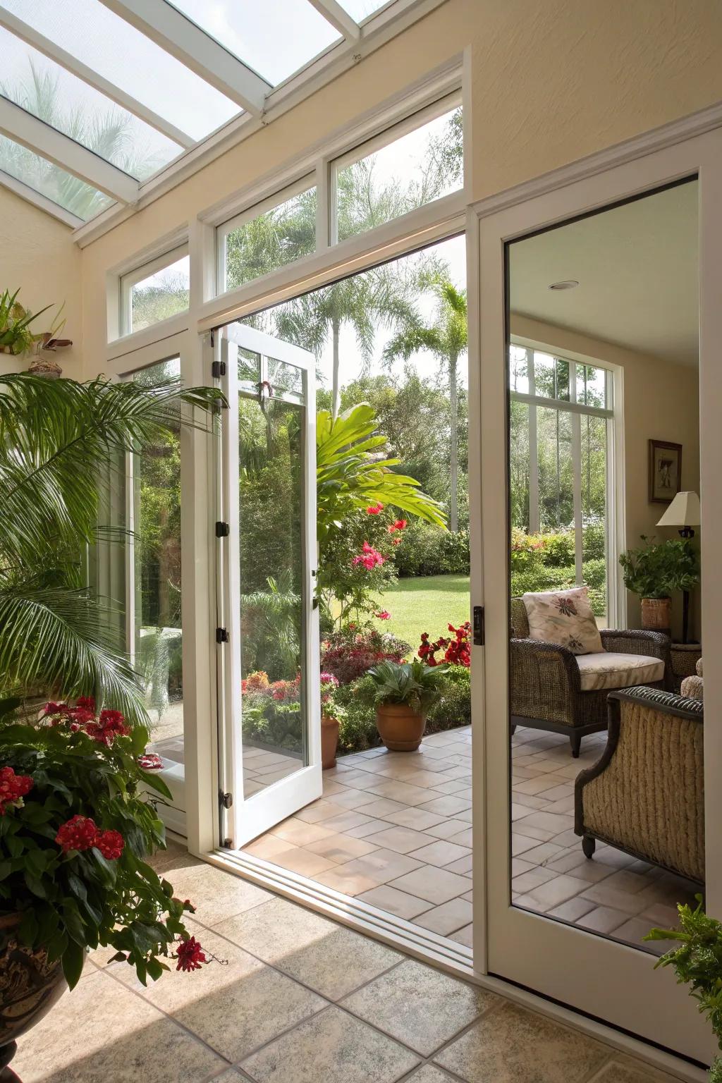 A seamless transition from sunroom to garden.