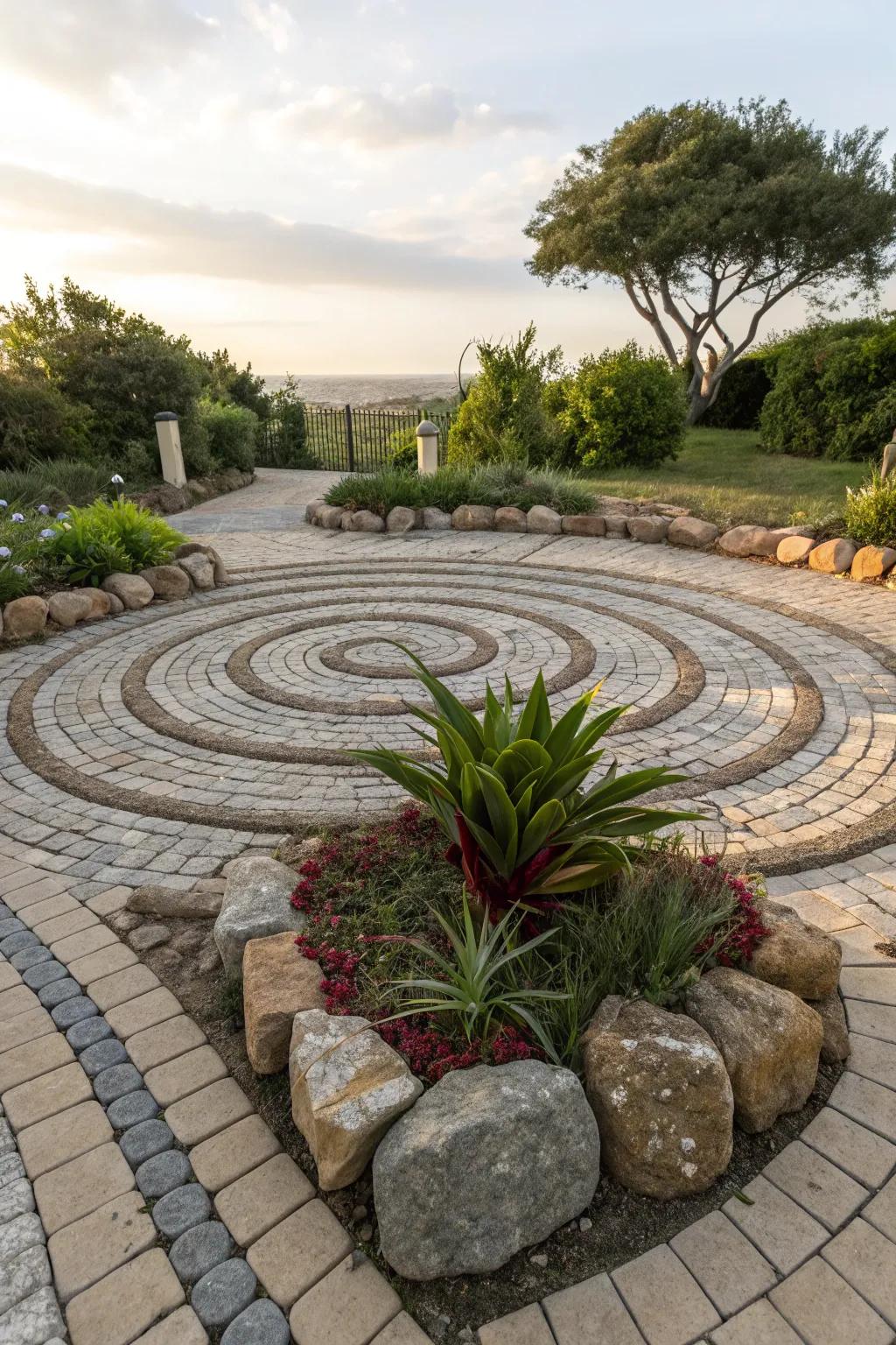 Circular stone designs that spotlight key garden features.