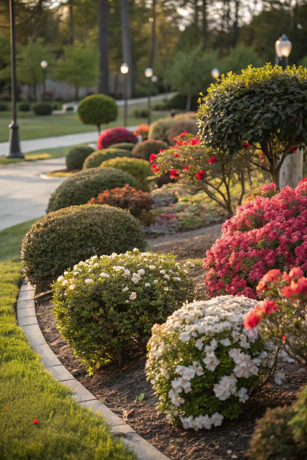Shrubs and bushes add depth and form to this flower bed.